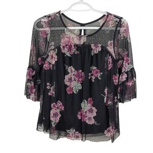 No Boundaries Women Black Floral Mesh Swiss Dot Tiered Bell Sleeve Top Small 3-5